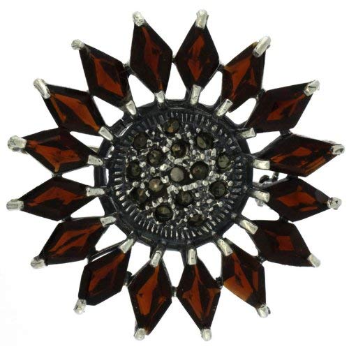 Sterling Silver Marcasite Flower Brooch Pin w/ Diamond Shape Garnet Stones, 1 1/2 in. (38mm)