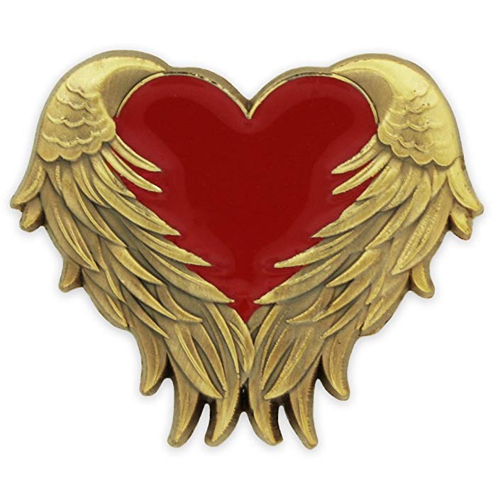 PinMart Red Heart with Antique Gold Angel Wings Enamel Lapel Pin