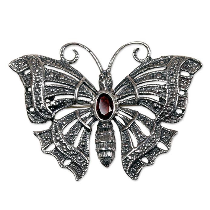 NOVICA Garnet .925 Sterling Silver Brooch 'Crimson Butterfly'