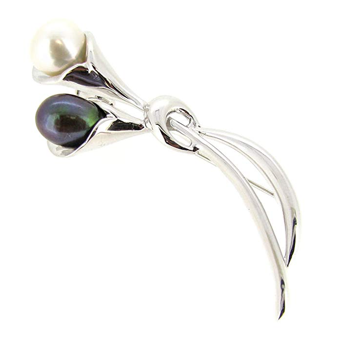 Sterling Silver Freshwater Cultured White and Peacok Pearl Lily Flower Brooch with Safety Pin