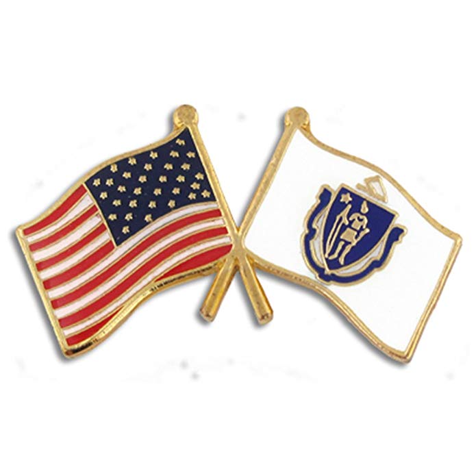 PinMart Massachusetts and USA Crossed Friendship Flag Enamel Lapel Pin