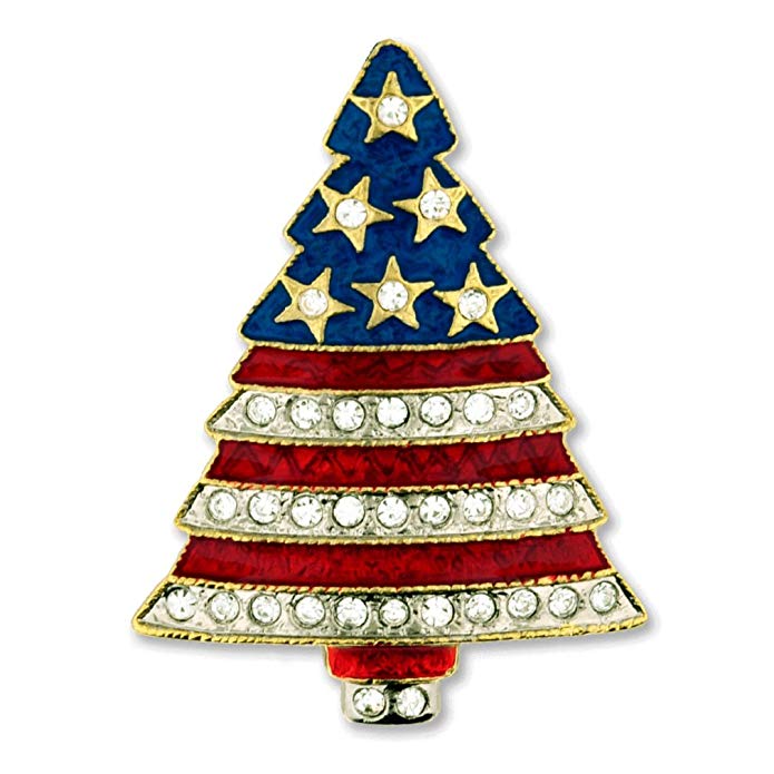 PinMart Rhinestone Patriotic Christmas Tree Holiday Brooch Pin