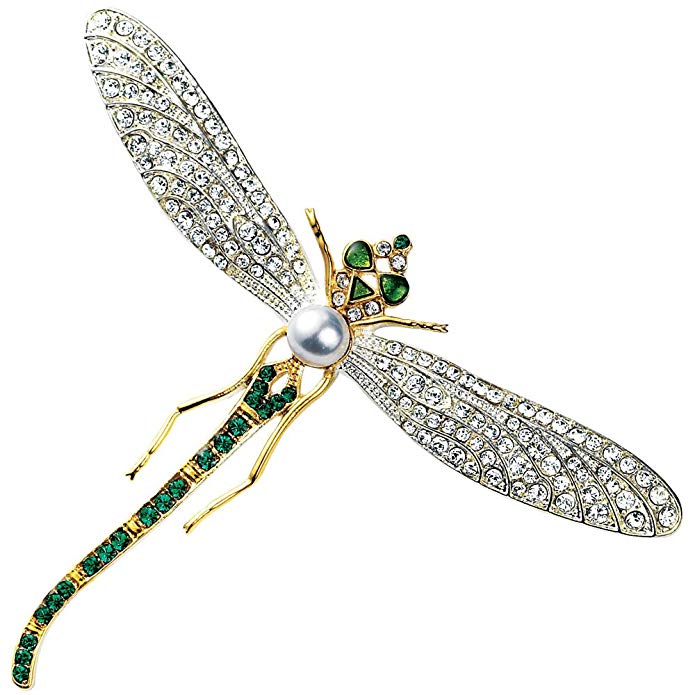 Faux Diamond Brooch with Faux Emeralds & Pearl Costume Jewelry Dragonfly Brooch