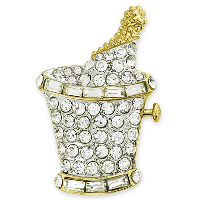 PinMart Rhinestone NYE Champagne Bottle with Ice Bucket Brooch Pin