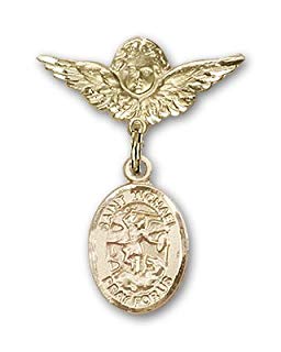 Religious Obsession Gold Filled Baby Badge with St. Michael the Archangel Charm and Angel with Wings Badge Pin