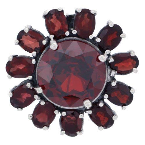 Sterling Silver Marcasite Large Flower Brooch Pin w/ Round Garnet Stones, 1 1/8 in. (29mm)