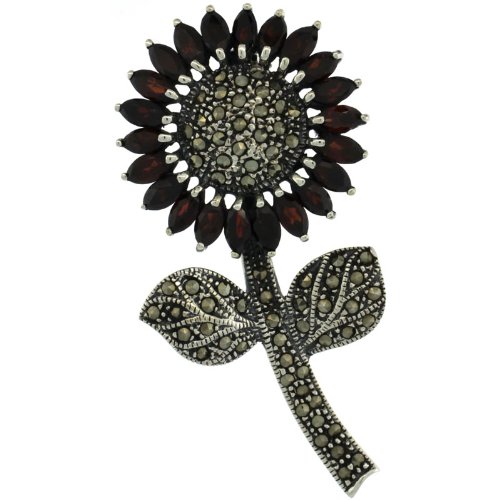 Sterling Silver Marcasite Large Sunflower Brooch Pin w/ Marquise Cut Garnet Stones, 2 7/16 in. (62mm) tall