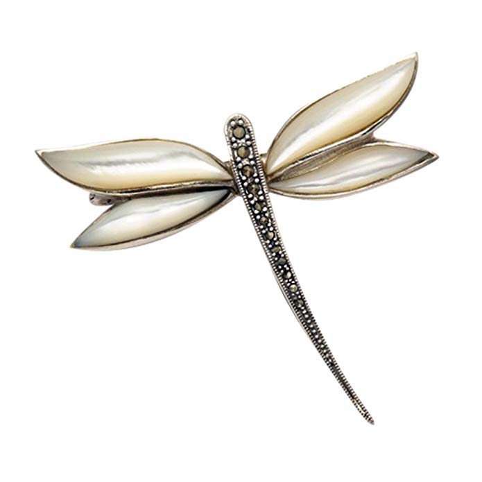 Sterling Silver Art Deco Dragonfly Pin w/Marcasite Body & Mother of Pearl Wings