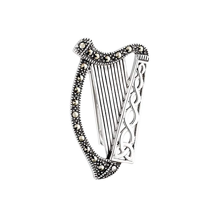 Irish Harp Brooch Sterling Silver & Marcasite Made in Ireland