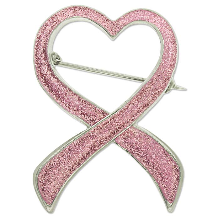 PinMart Breast Cancer Awareness Ribbon Pink Glitter Heart Enamel Brooch Pin