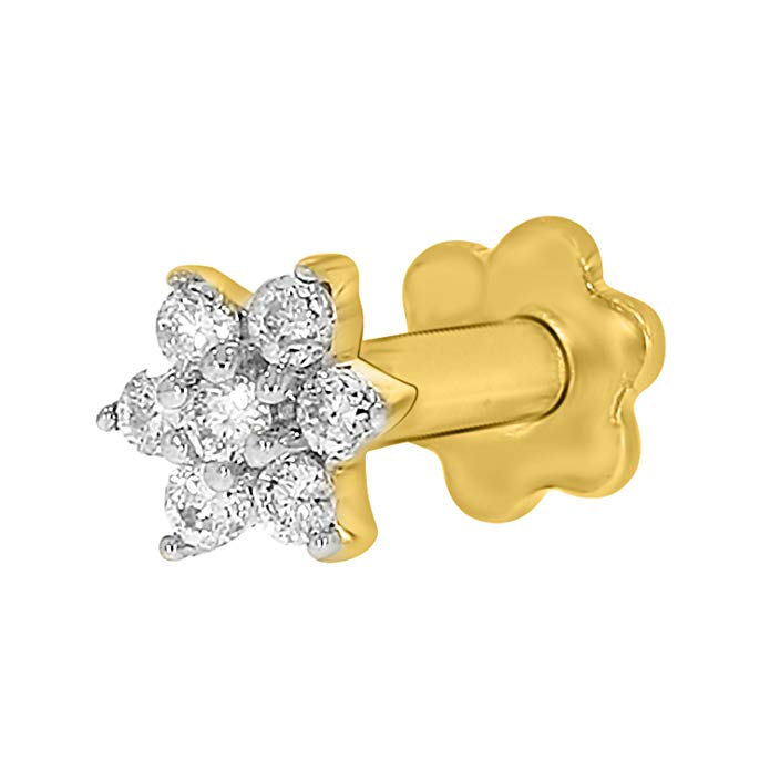 Diamond Flower Nose Piercing Pin Screw Ring Stud 4.25mm 14k Yellow Gold 19 Guage (GHColor/I1-I2Clarity)