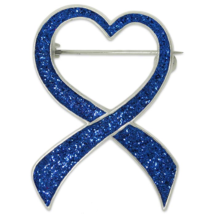 PinMart Blue Glitter Heart Awareness Ribbon Enamel Brooch Pin