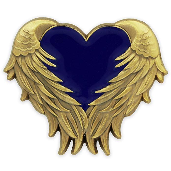 PinMart Blue Heart with Antique Gold Angel Wings Enamel Lapel Pin