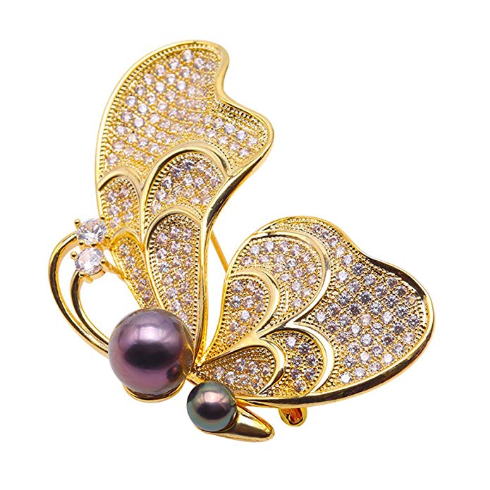 JYX Golden-tone Butterfly-brooch Tahitian Southsea Cultured Pearl Brooch Pin Pendant