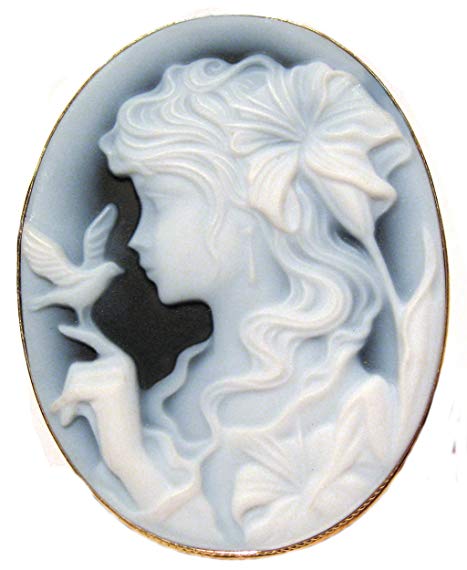 Cameo Broach Pendant Enhancer Lady Bird, Agate Stone Italian Sterling Silver Laser Carved Italian