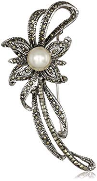 Sterling Silver, Marcasite, and Freshwater Cultured Pearl (12 mm) Pin