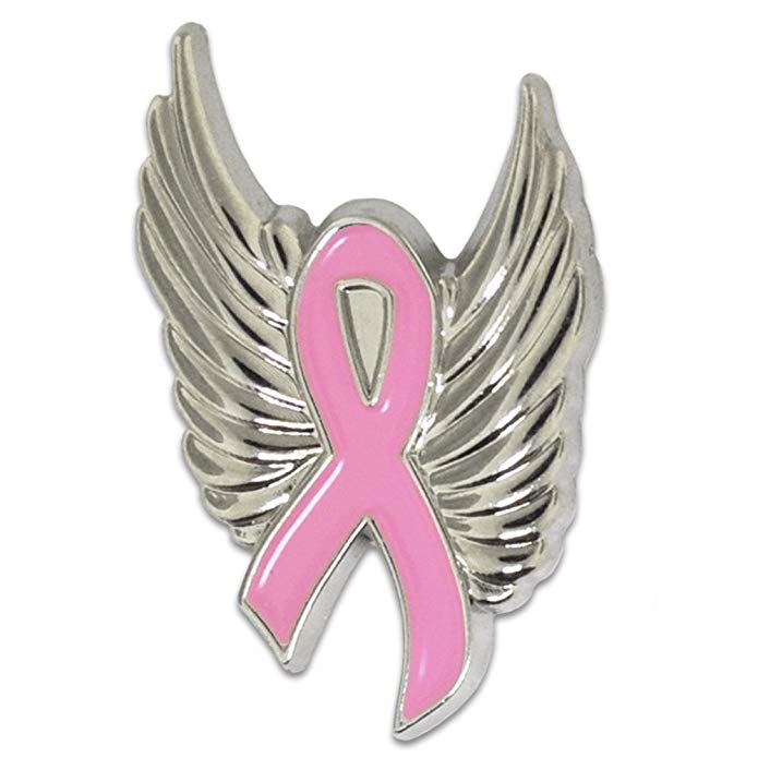 PinMart Breast Cancer Pink Awareness Ribbon with Silver Angel Wings Enamel Lapel Pin