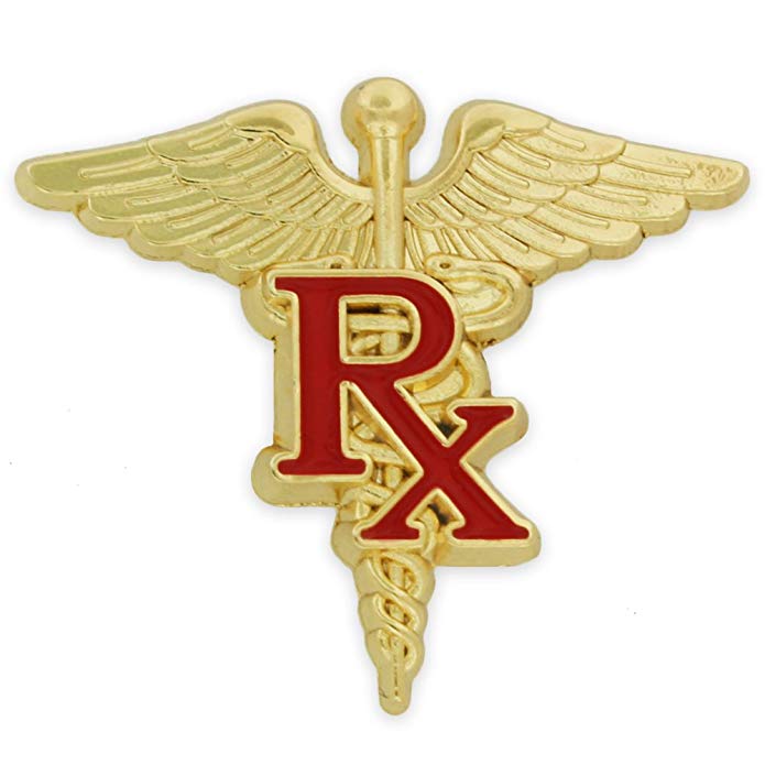 PinMart Gold and Red RX Caduceus Enamel Lapel Pin