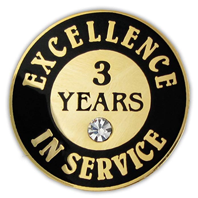 PinMart Gold Plated Excellence in Service Enamel Lapel Pin w/Rhinestone - 3 Years