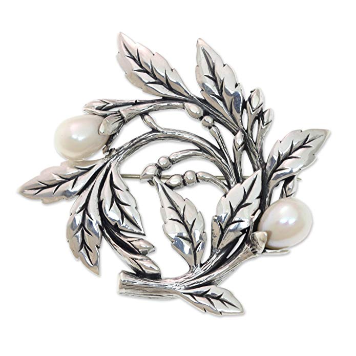 NOVICA Silver White Cultured Freshwater Pearl .925 Sterling Silver Floral Brooch Pin 'Budding Cotton'