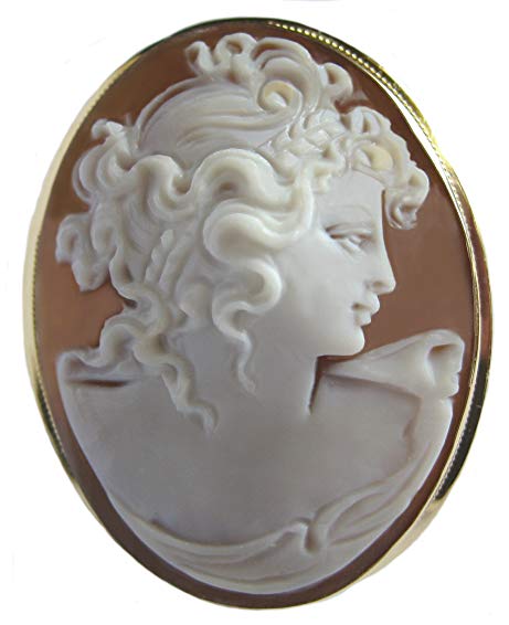 Cameo Brooch and Pendant Reflection of Youth Sardonyx Shell 18k Yellow Gold Master Carved, Italian