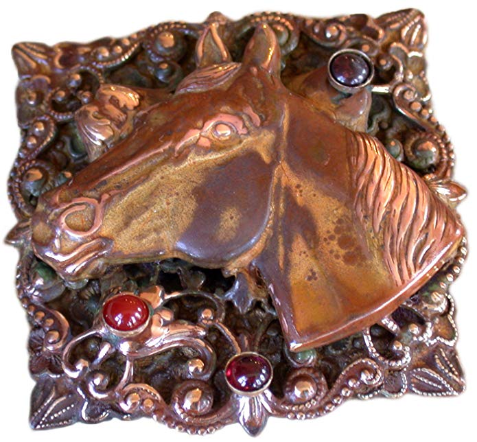 Earth Patina Horse Head on Filigree Pin - Carnelian, Garnet, Jasper