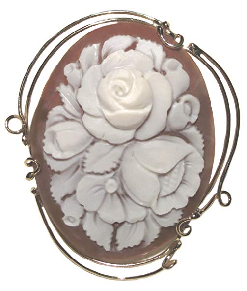 Cameo Pin Pendant Rose Bouquet, Master Carved, Italian Conch Shell Sterling Silver 18k Gold Overlay