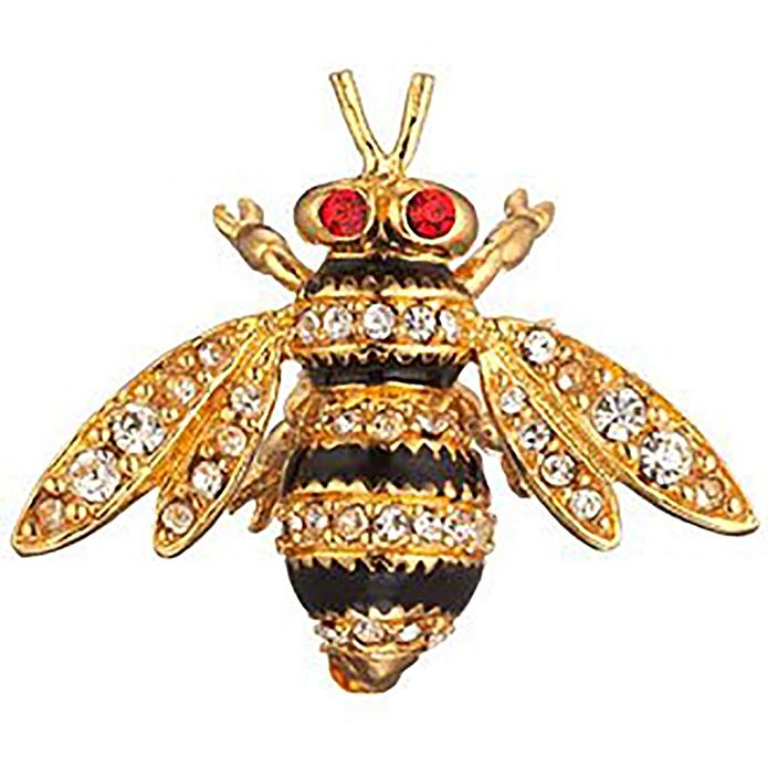 MMA Bee Brooch Pin Faux Diamonds, Faux Rubies & Black Enamel Costume Jewelry