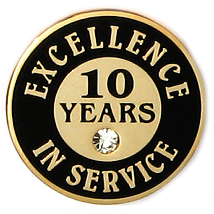 PinMart Gold Plated Excellence in Service Enamel Lapel Pin w/Rhinestone - 10 Years