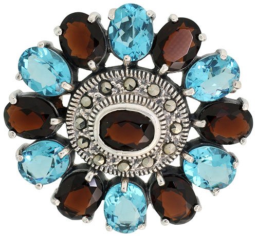 Sterling Silver Marcasite Large Flower Brooch Pin w/ Oval Cut Garnet & Blue Topaz Stones, 1 9/16 in. (40mm)