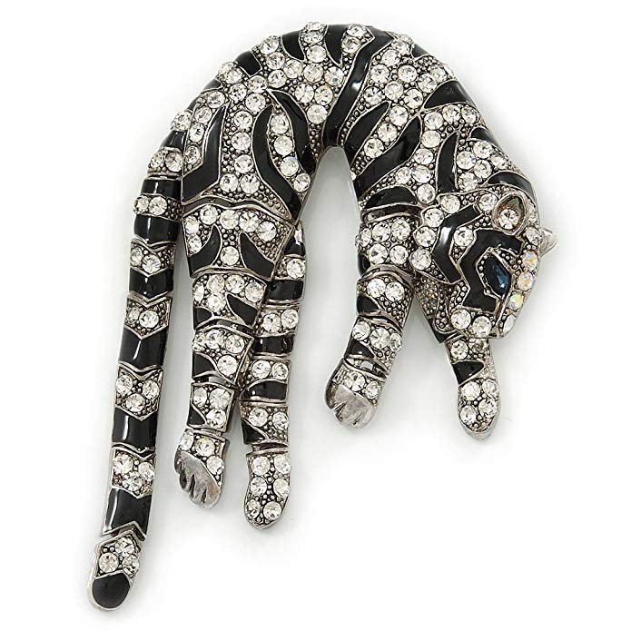 Oversized Stunning Black Enamel, Clear Austrian Crystal Panther Brooch/ Pendant In Silver Tone Finish - 10cm Length