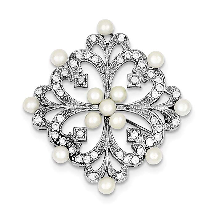 JewelryWeb Sterling Silver Rhodium-plated Freshwater Cultured Pearl and Cubic Zirconia Pin