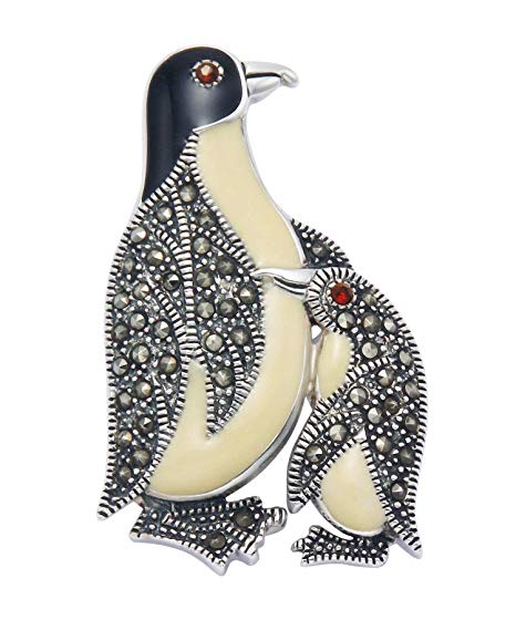 Wild Things Sterling Silver Penguin & Chick Pin w/Marcasite Stones, Red Crystal Eye & Enamel Accents