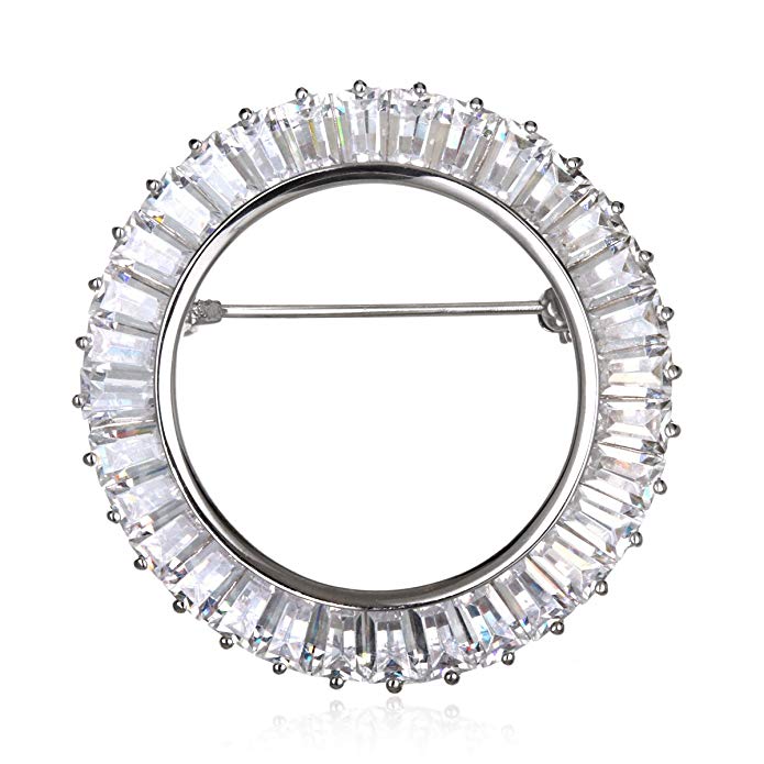 Rhodium Plate Silver White Cz Baggette Circle Pin